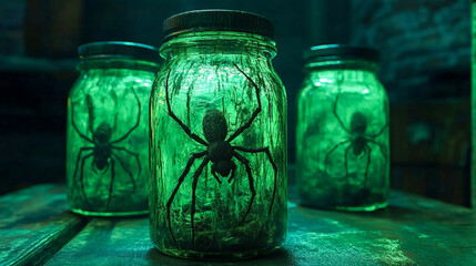 Creepy Green-Glowing Halloween Specimen Jars with Drowned Spiders – Spooky Season Decor