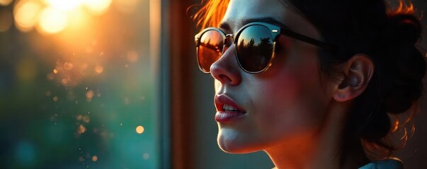 Mysterious allure of sunglasses reflecting sunlight, hinting at hidden beauty and untold stories A sensual, shadowy aesthetic , gaze, glamour, vibe