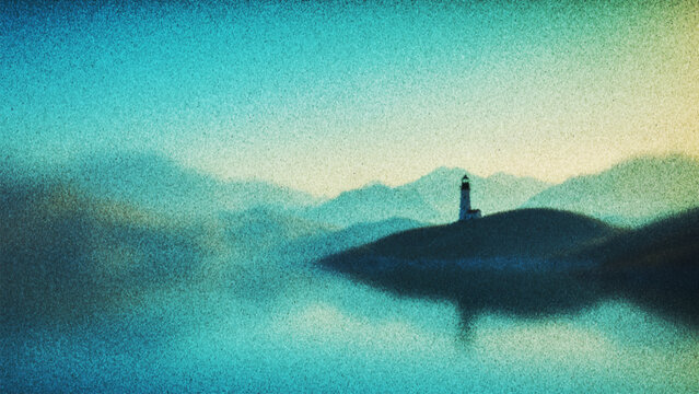 Dreamy seascape with lonely lighthouse on misty hill with nostalgic grainy texture created from thousands of individual dots. Peaceful coastal landscape. Melancholic atmosphere for meditation visuals
