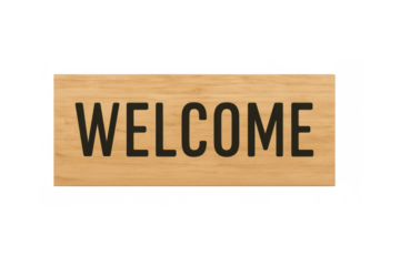 Welcome text on a wooden sign board, inviting guests with a friendly greeting, transparent background