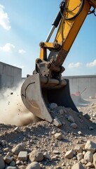 Powerful demolition claw tearing down a concrete structure, dust and debris flying Heavy machinery, construction site, industrial equipment in action , demolition, excavator