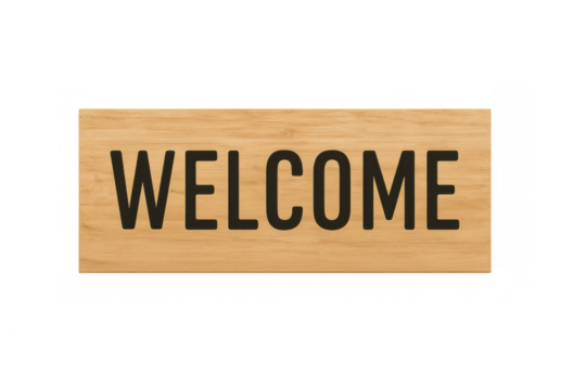 Welcome text on a wooden sign board, inviting guests with a friendly greeting, transparent background