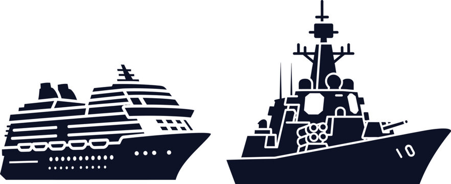 Silhouette of a cruise ship and a warship on a white background navy military