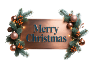 Festive Christmas Decoration: A beautifully adorned sign exudes holiday cheer, framed by evergreen boughs, sparkling ornaments, and twinkling lights, evoking warmth and joy.