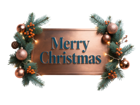 Festive Christmas Decoration: A beautifully adorned sign exudes holiday cheer, framed by evergreen boughs, sparkling ornaments, and twinkling lights, evoking warmth and joy.