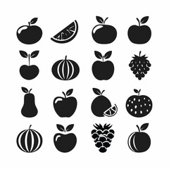 Collection of black and white illustrations of various fruits including apples, pears, grapes, and citrus slices against a clean white background.