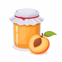 Illustration of a jar of peach jam with a sliced peach and leaf on a clean white background.