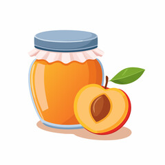 Illustration of a jar of peach jam with a sliced peach beside it on a white background.