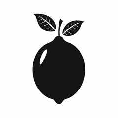 Black silhouette of a fruit with two leaves on a white background, simple graphic illustration.