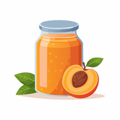 Illustration of a jar of peach jam with a sliced peach and leaves on a white background, flat design style with vibrant colors.