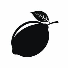 Black silhouette of a lemon with a leaf on a white background, simple graphic illustration.