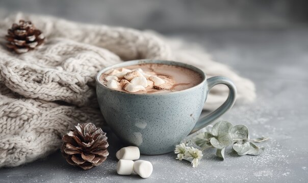Hot chocolate with marshmallows in ceramic mug and cozy winter decor