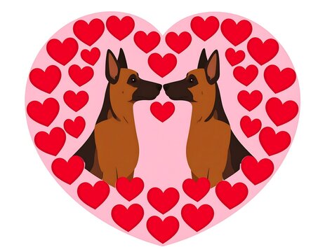 Two stylized canines, their muzzles almost touching, face each other inside a large pink heart, surrounded by red hearts