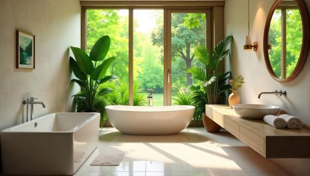 Serene bathroom with soft lighting, fluffy towels, and lush greenery A spa-like atmosphere of calm and relaxation is created by the elegant design and natural elements , shower, mirror, towels