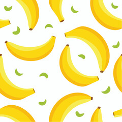 Vibrant yellow bananas and green leaves scattered on a clean white background in a colorful still life composition.