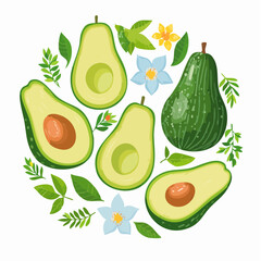 Illustration of avocados and leaves arranged with flowers on a white background in a flat lay composition with a natural mood.