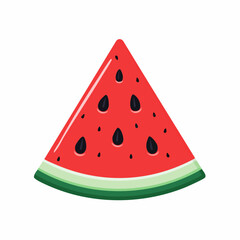 Illustration of a triangular slice of watermelon with red pulp and black seeds on a white background.