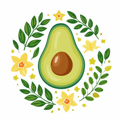 Illustration of a halved avocado with brown pit surrounded by green leaves, yellow flowers, and stars on a white background.