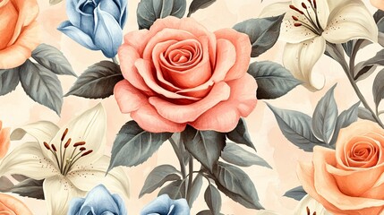 Elegant floral artwork featuring roses and lilies, showcasing intricate details and a soft color palette creating a beautiful and harmonious composition with Seamless background design.