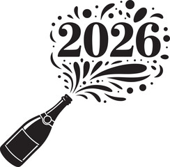 Vector champagne bottle spraying bubbly liquid with the year 2026 in decorative font