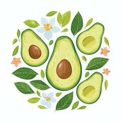 Illustration of halved avocados with seeds surrounded by leaves and flowers on a white background in a colorful flat lay composition.