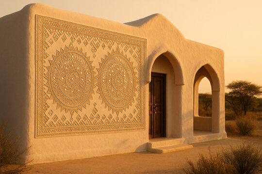 Modern Desert Villa Architecture with Intricate Mandala Geometric Wall Art and Arched Entry Design