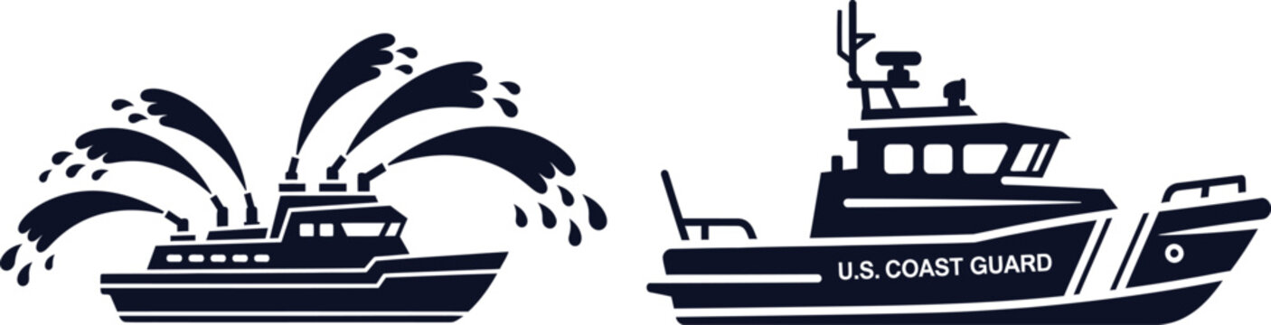 Silhouette of a fireboat spraying water and aU. S. Coast Guard vessel water cannon rescue
