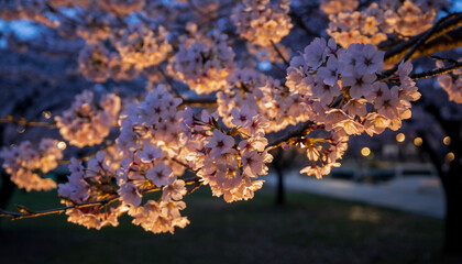 Illuminated Night Cherry Blossoms with Warm Lighting — Romantic Nightscape
