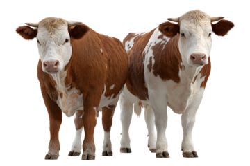 Two hereford cows standing side by side, facing forward