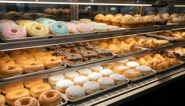 A colorful, well-stocked display case full of fresh donuts, muffins, and pastries in a brightly lit modern bakery or cafe. Ideal for food, indulgence, breakfast, and sweet treat concepts.