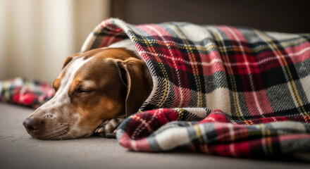 Dog sleeping under plaid blanket symbolizing warmth and winter care