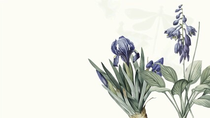 Elegant Purple Iris and Bluebell Botanical Illustration