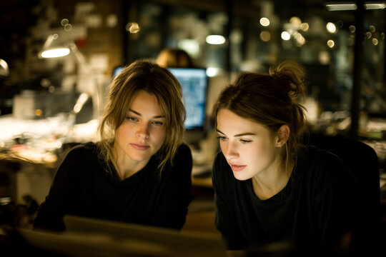 Women collaborating on architectural design in a modern workspace at night