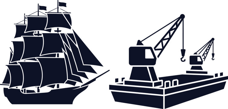 Silhouette of a sailing ship with sails and a cargo barge with cranes tall ship schooner