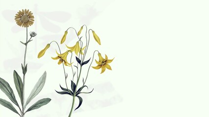 Vintage Yellow Daisy and Bellflower Botanical Illustration