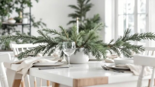 Elegant Winter Holiday Table Setting with Candle and Pine Branches.