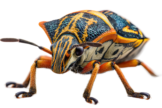 Closeup macro photograph of a colorful stink bug with intricate patterns on its exoskeleton