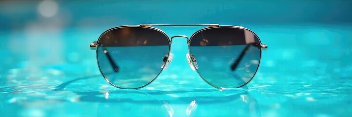 Stylish sunglasses reflected in a clear, blue swimming pool, capturing the summer vibe Perfect for travel, vacation, or summer fashion promotions , shine, lens