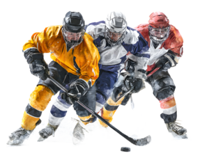 Three hockey players in action during a game, one with a yellow jersey, one with a blue and white jersey, and one with a red jersey, with a puck on the ice