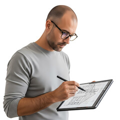 Architectural designer drafting building plan on tablet with stylus pen, professional