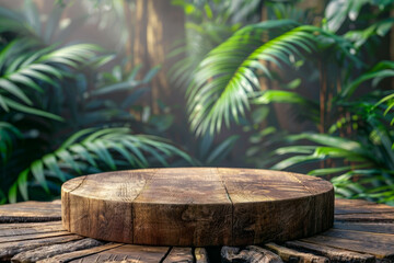 Fototapeta premium Natural wooden platform surrounded by lush tropical foliage in a vibrant forest setting