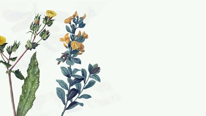 Rustic Yellow Wildflower Botanical Illustration with Green Foliage