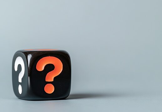 A black die with orange question marks