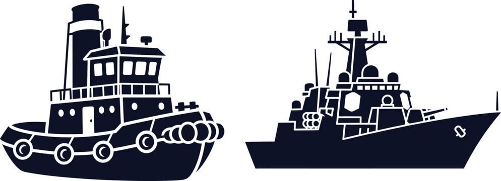 Silhouette of a tugboat and a warship on a white background navy military