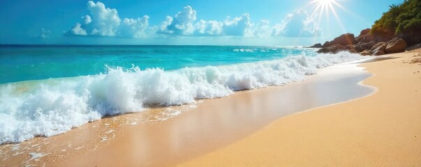Sun-drenched beach scene with vibrant blue ocean waves crashing on golden sand Perfect for summer vacation themes, travel brochures, and holiday websites , ocean, escape, waves