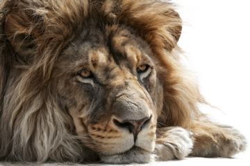Closeup portrait of a majestic male lion with a thick mane, resting and looking towards the viewer