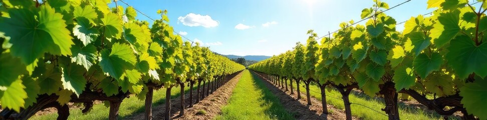 Naklejka premium Sun-drenched rows of ripening grapes on a picturesque vineyard slope, ready for harvest The lush green vines stretch towards a clear blue sky , vineyard view, grape harvest
