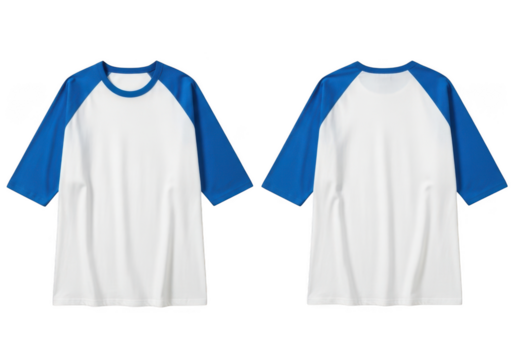 Two white raglan sleeve t shirts with blue sleeves front and back view mockup transparent background
