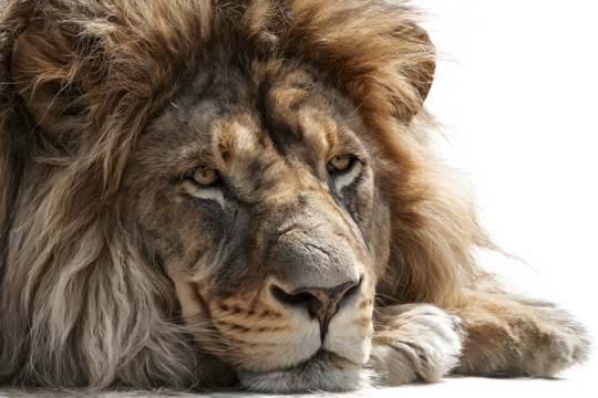 Closeup portrait of a majestic male lion with a thick mane, resting and looking towards the viewer