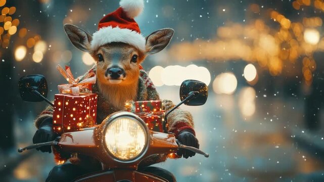 Adorable baby reindeer courier wearing a cozy sweater and a festive Santa hat, riding an orange motor scooter at night through a snowy city street to deliver presents for Christmas